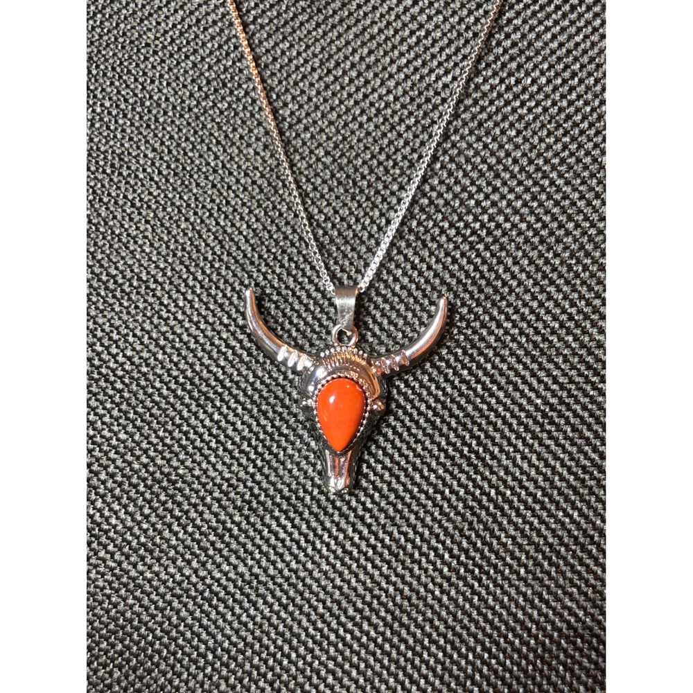 Western Bull Skull Necklace Stainless Steel Orange Stone Pendant Box Chain 24"